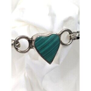 Vintage Sterling Silver Southwestern Heart Malachite Bracelet Mexico .925 15g